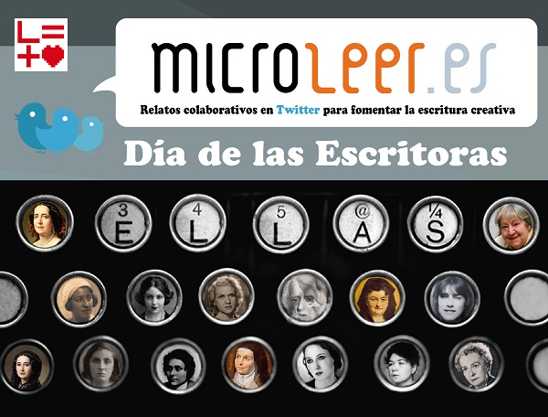 Imagen cartel del Microleeres del Día de las Escritoras de leer.es La imagen contiene las fotografías de escritoras dentro de cada una de las teclas de la máquina de escribir.