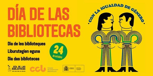 Imagen del cartel horizontal del Día de las Bibliotecas 2019 con fondo amarillo con dos figuras masculinas a la derecha y lema