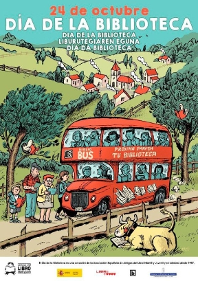 Imagen cartel oficial Día de la Biblioteca 2018. Autobús con personas dentro y fuera leyendo. Vaca leyendo en la hierba.