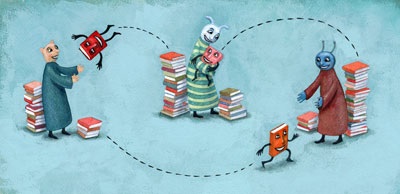 Imagen web BookMooch. Fondo azul con conejos que se lanzan libros.