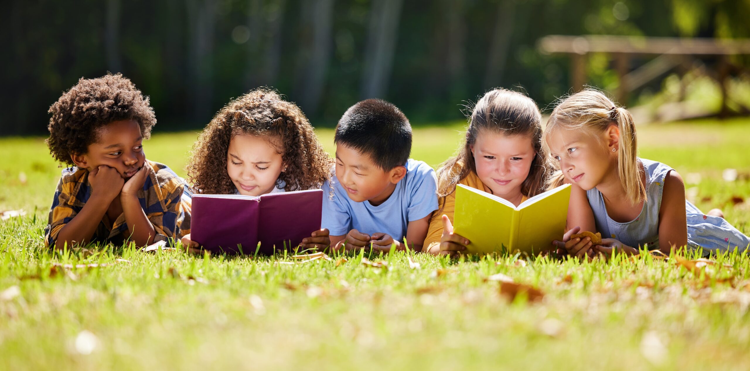 Grupo de niños leyendo un libro en el campo